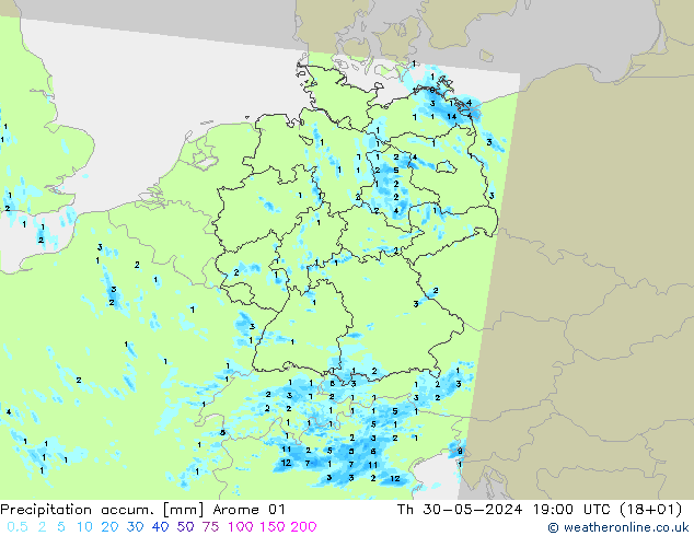 Precipitation accum. Arome 01 Čt 30.05.2024 19 UTC