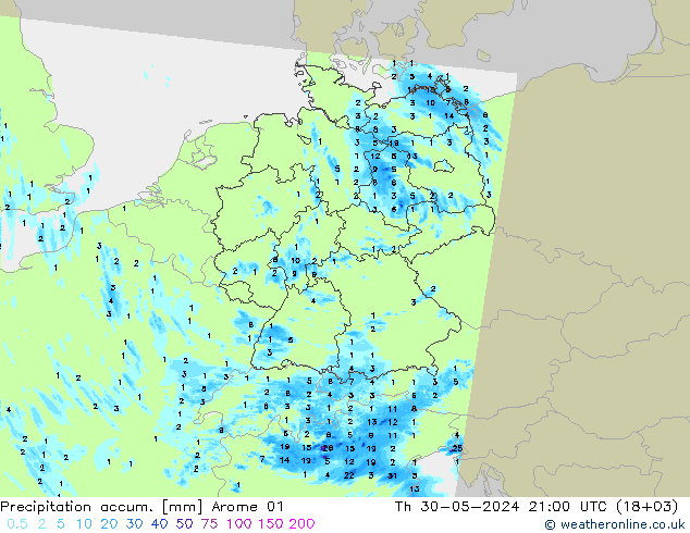 Precipitation accum. Arome 01 Th 30.05.2024 21 UTC