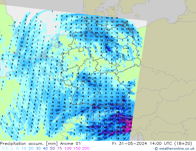 Totale neerslag Arome 01 vr 31.05.2024 14 UTC