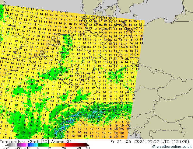 Temperatuurkaart (2m) Arome 01 vr 31.05.2024 00 UTC