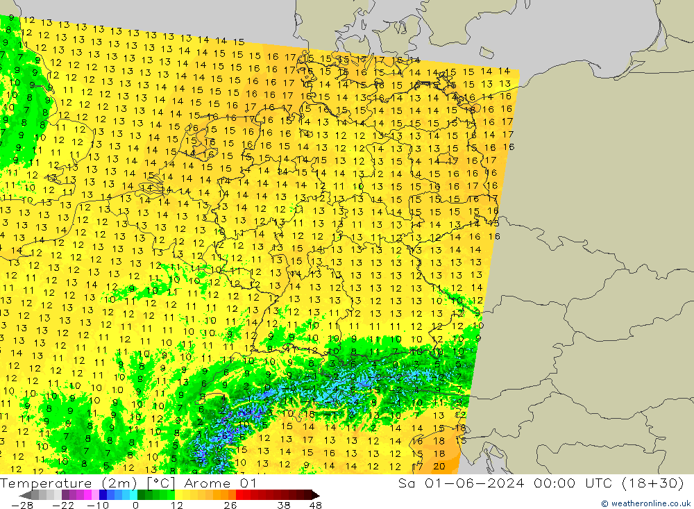 Temperature (2m) Arome 01 Sa 01.06.2024 00 UTC