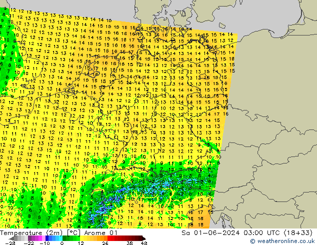 température (2m) Arome 01 sam 01.06.2024 03 UTC