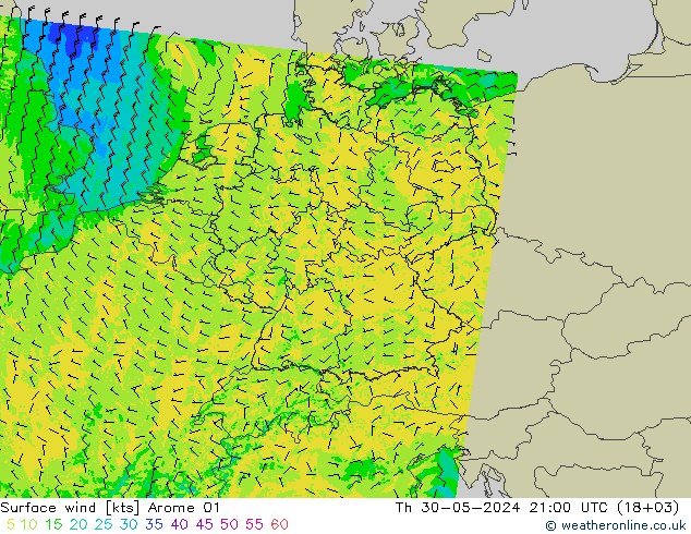ветер 10 m Arome 01 чт 30.05.2024 21 UTC