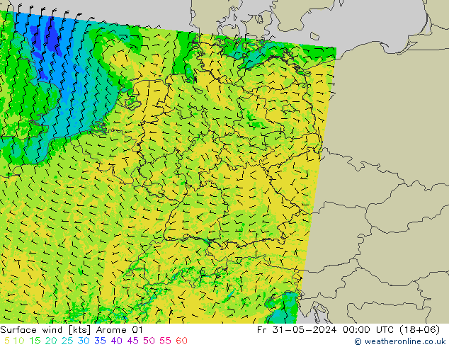 Surface wind Arome 01 Pá 31.05.2024 00 UTC