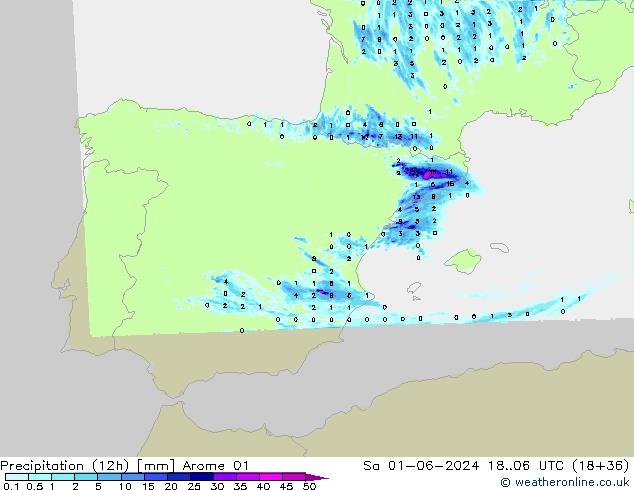 Totale neerslag (12h) Arome 01 za 01.06.2024 06 UTC