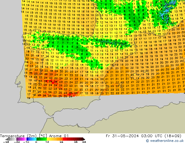 Temperatura (2m) Arome 01 Sex 31.05.2024 03 UTC