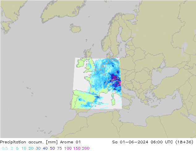 Totale neerslag Arome 01 za 01.06.2024 06 UTC