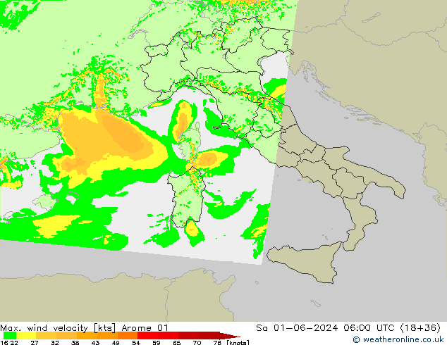 Max. wind velocity Arome 01 Sa 01.06.2024 06 UTC