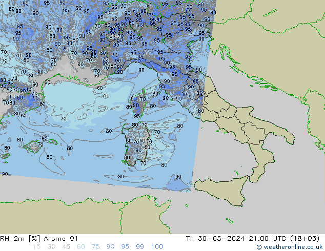 RH 2m Arome 01 Th 30.05.2024 21 UTC