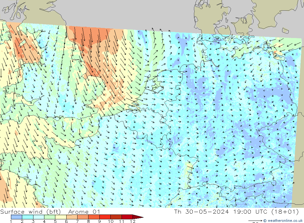 Surface wind (bft) Arome 01 Čt 30.05.2024 19 UTC