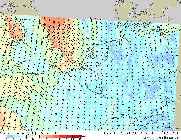 Surface wind (bft) Arome 01 Th 30.05.2024 19 UTC