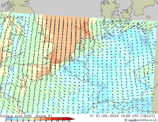 Surface wind (bft) Arome 01 Fr 31.05.2024 15 UTC