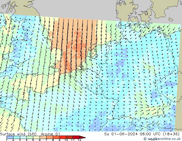 Surface wind (bft) Arome 01 Sa 01.06.2024 06 UTC