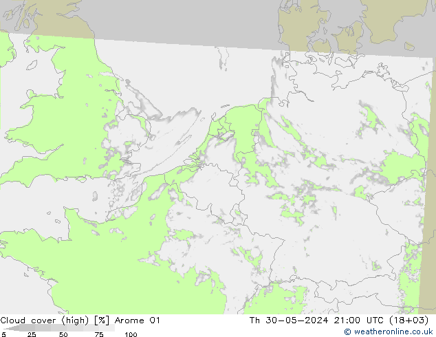 Cloud cover (high) Arome 01 Th 30.05.2024 21 UTC