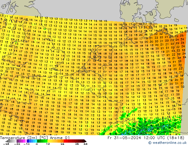 карта температуры Arome 01 пт 31.05.2024 12 UTC