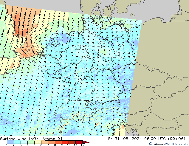 Viento 10 m (bft) Arome 01 vie 31.05.2024 06 UTC