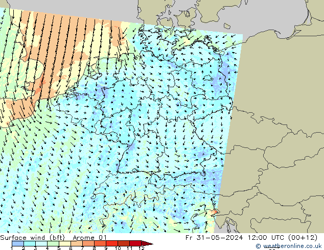wiatr 10 m (bft) Arome 01 pt. 31.05.2024 12 UTC