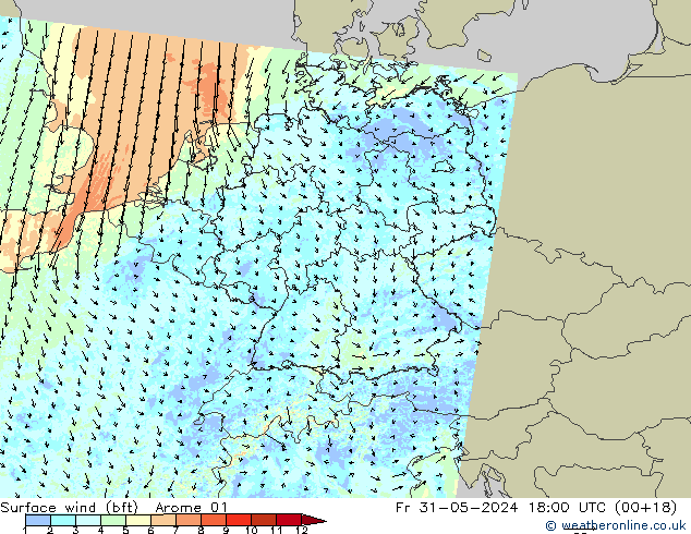 Rüzgar 10 m (bft) Arome 01 Cu 31.05.2024 18 UTC