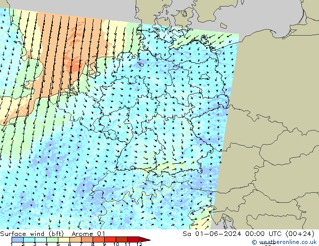 Wind 10 m (bft) Arome 01 za 01.06.2024 00 UTC