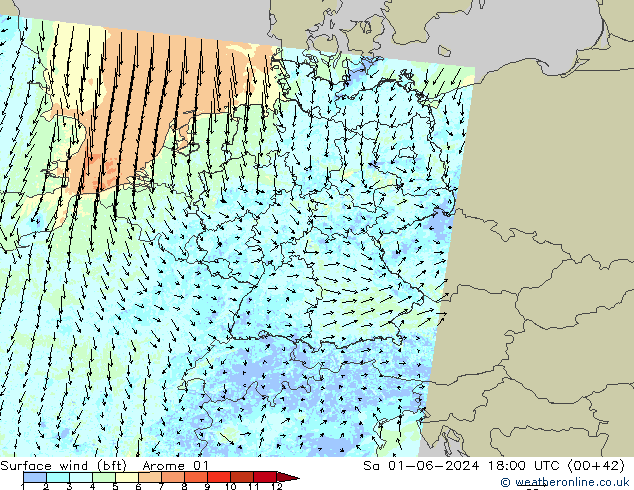 wiatr 10 m (bft) Arome 01 so. 01.06.2024 18 UTC