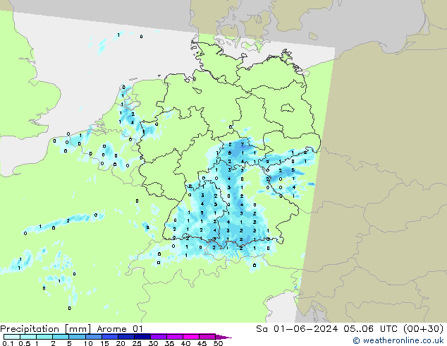 Srážky Arome 01 So 01.06.2024 06 UTC