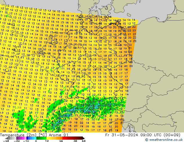 Temperature (2m) Arome 01 Fr 31.05.2024 09 UTC