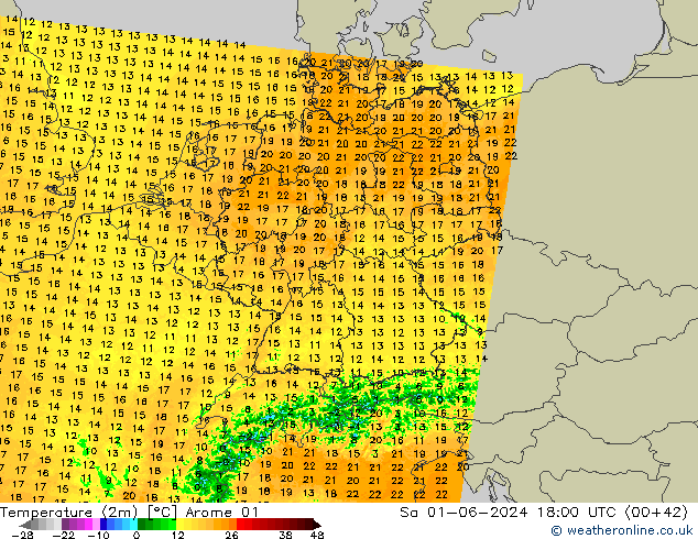 Temperatuurkaart (2m) Arome 01 za 01.06.2024 18 UTC