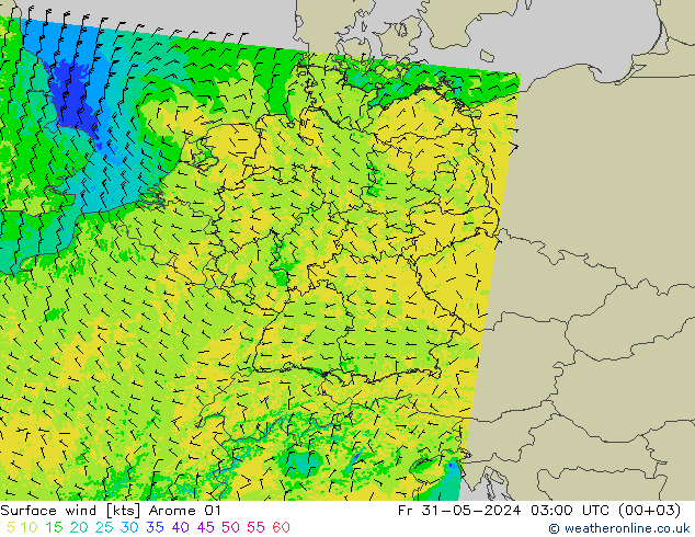 Viento 10 m Arome 01 vie 31.05.2024 03 UTC