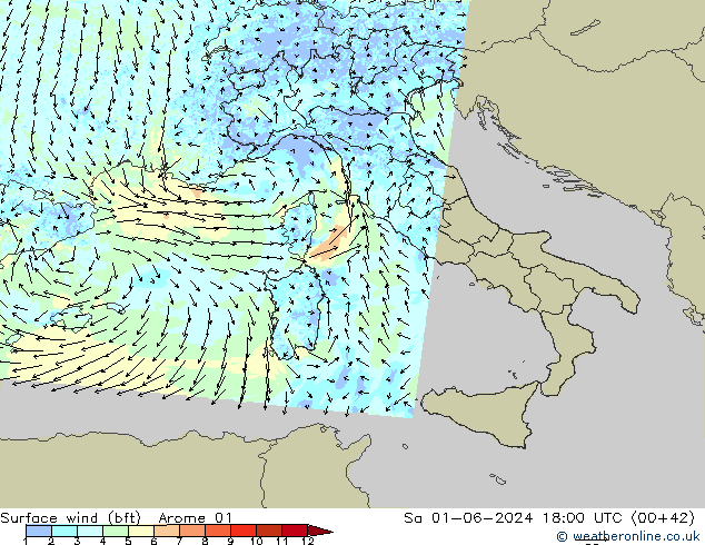 Wind 10 m (bft) Arome 01 za 01.06.2024 18 UTC