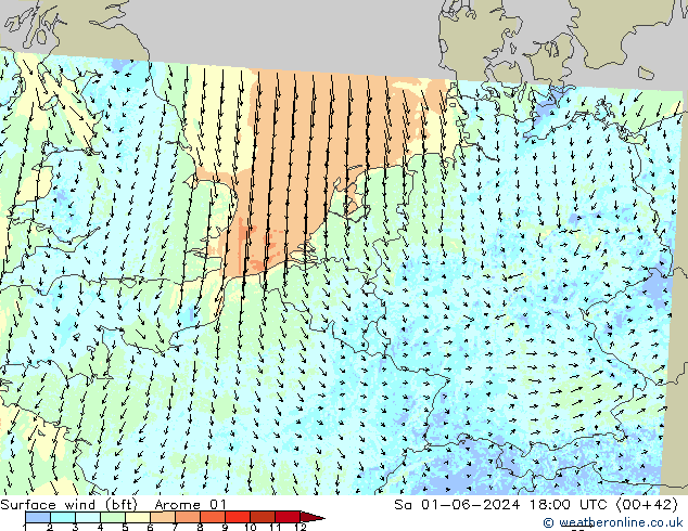Surface wind (bft) Arome 01 Sa 01.06.2024 18 UTC