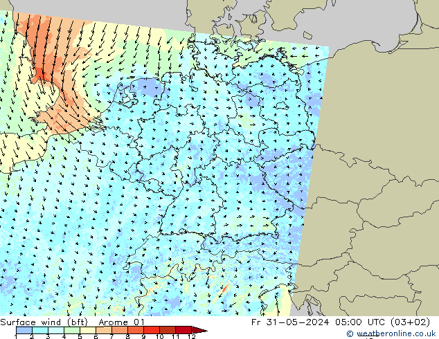 Surface wind (bft) Arome 01 Fr 31.05.2024 05 UTC