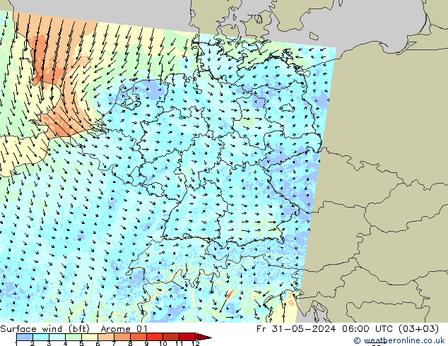 �N 10 米 (bft) Arome 01 星期五 31.05.2024 06 UTC