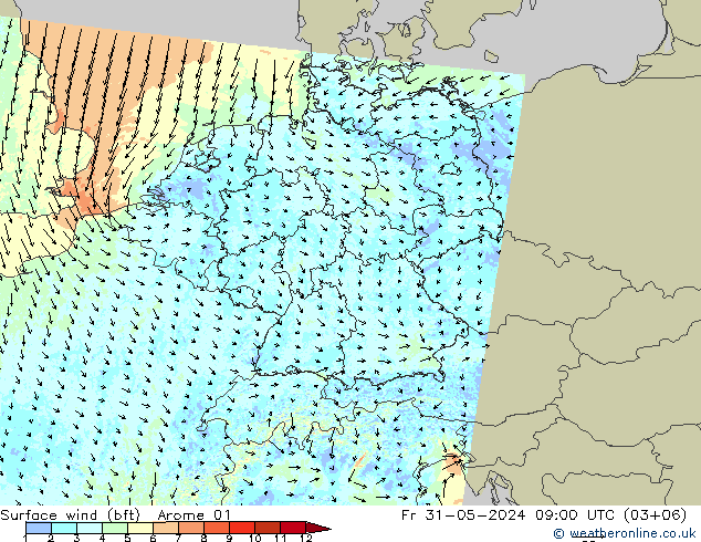 Vent 10 m (bft) Arome 01 ven 31.05.2024 09 UTC