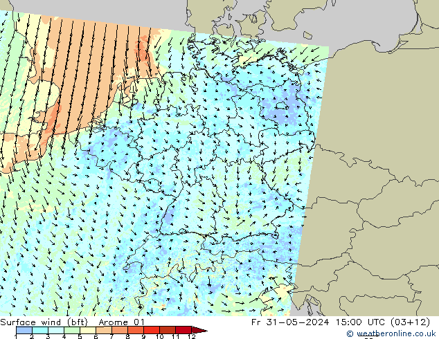 Rüzgar 10 m (bft) Arome 01 Cu 31.05.2024 15 UTC