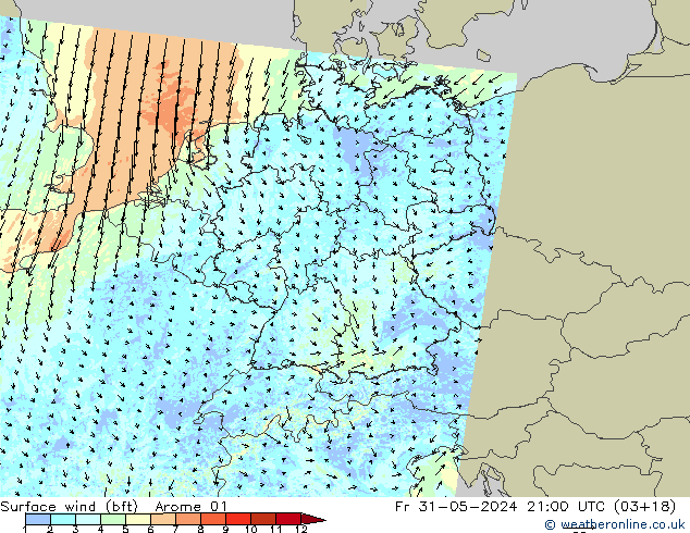 Wind 10 m (bft) Arome 01 vr 31.05.2024 21 UTC
