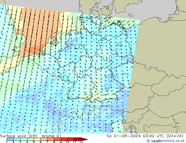 wiatr 10 m (bft) Arome 01 so. 01.06.2024 03 UTC