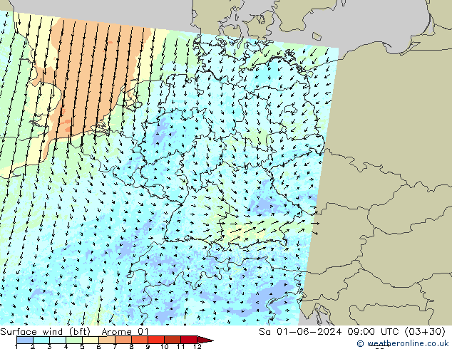 Rüzgar 10 m (bft) Arome 01 Cts 01.06.2024 09 UTC