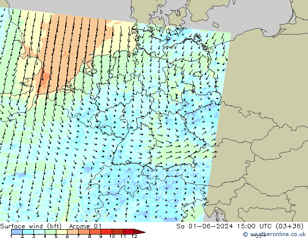 wiatr 10 m (bft) Arome 01 so. 01.06.2024 15 UTC