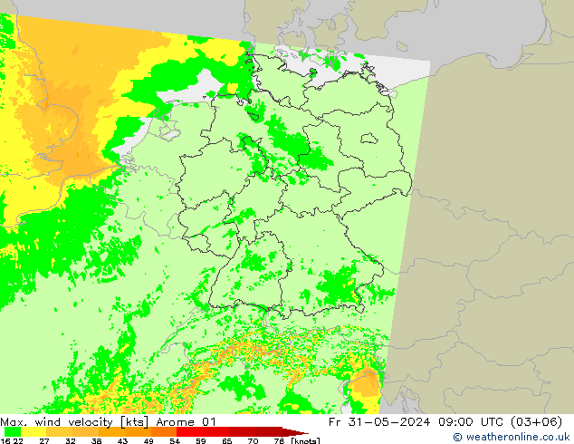 Max. wind snelheid Arome 01 vr 31.05.2024 09 UTC