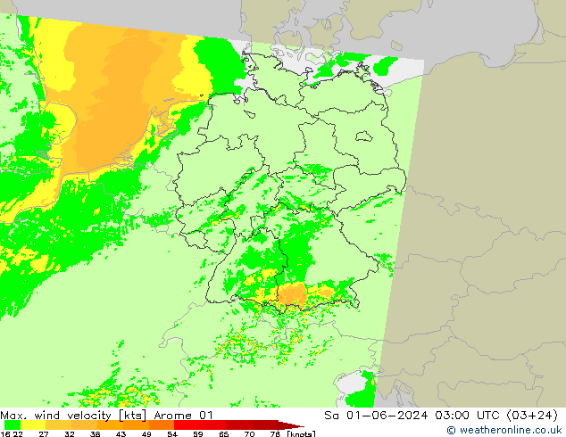 Max. wind velocity Arome 01  01.06.2024 03 UTC