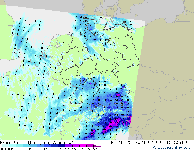 Precipitazione (6h) Arome 01 ven 31.05.2024 09 UTC
