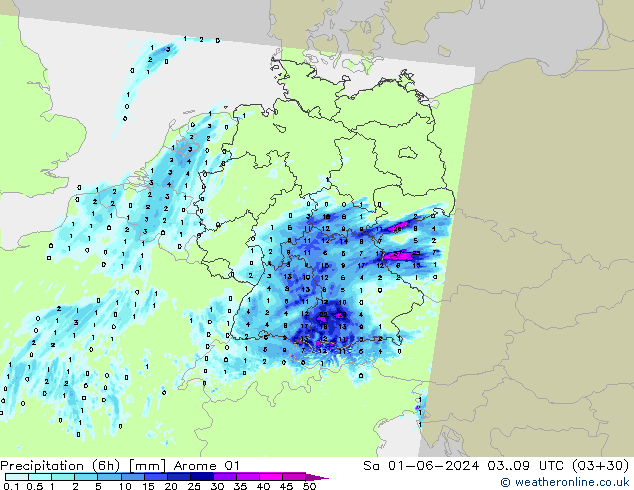 Precipitation (6h) Arome 01 Sa 01.06.2024 09 UTC