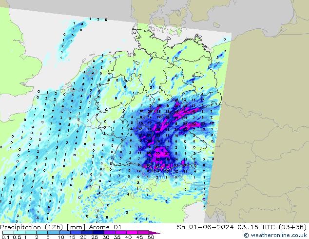 Totale neerslag (12h) Arome 01 za 01.06.2024 15 UTC
