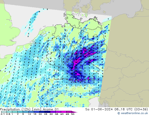 Precipitazione (12h) Arome 01 sab 01.06.2024 18 UTC