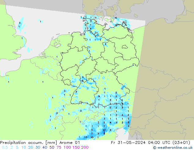 Precipitation accum. Arome 01 Pá 31.05.2024 04 UTC