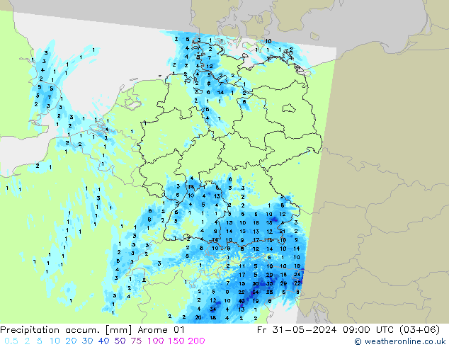 Precipitation accum. Arome 01 pt. 31.05.2024 09 UTC