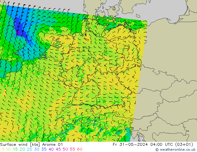 Surface wind Arome 01 Fr 31.05.2024 04 UTC