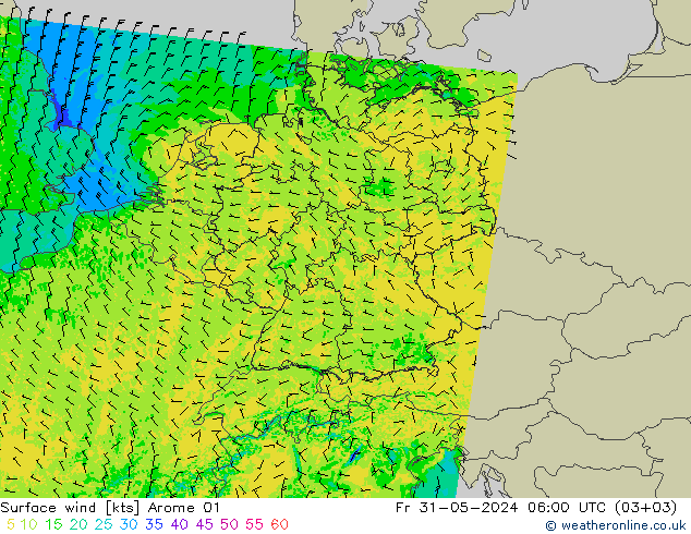 Surface wind Arome 01 Fr 31.05.2024 06 UTC