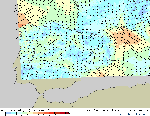 ве�Bе�@ 10 m (bft) Arome 01 сб 01.06.2024 09 UTC