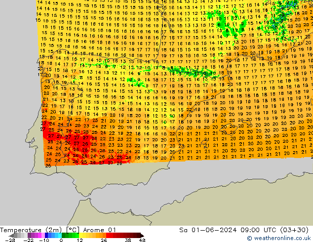 Temperatura (2m) Arome 01 Sáb 01.06.2024 09 UTC